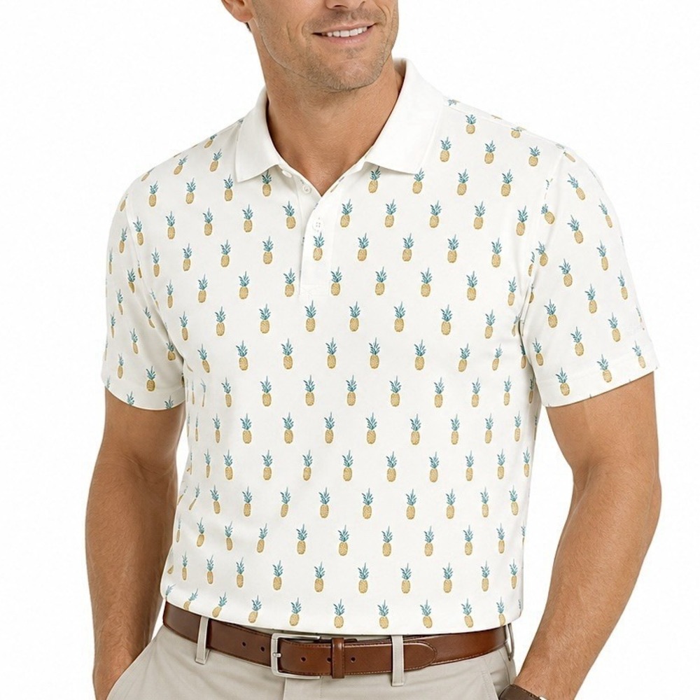 Bonobos Golf Mens Large L Slim Fit AOP Pineapple Polo Shirt White Stretch Golf